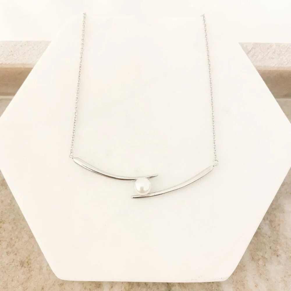 925 Sterling Silver Double Bar Necklace Pearl Necklace Chopstick Necklace